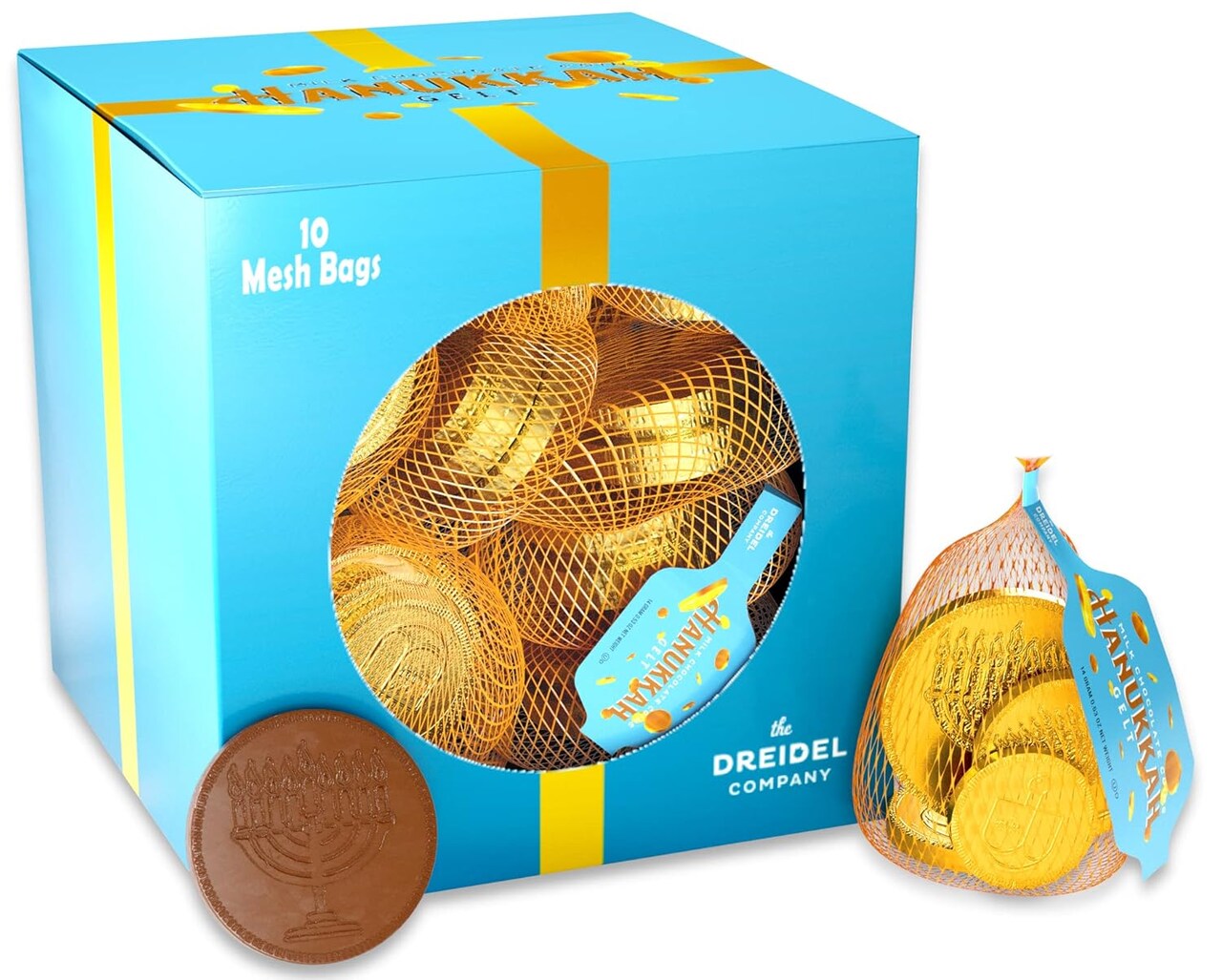 The Dreidel Company Original Hanukkah Chocolate Gelt Gold Coins, Mesh Bags, Made with Premium Belgian Milk Chocolate, Gluten Free, Non-GMO, Kosher Certified (Single, 10 Mesh Bags)